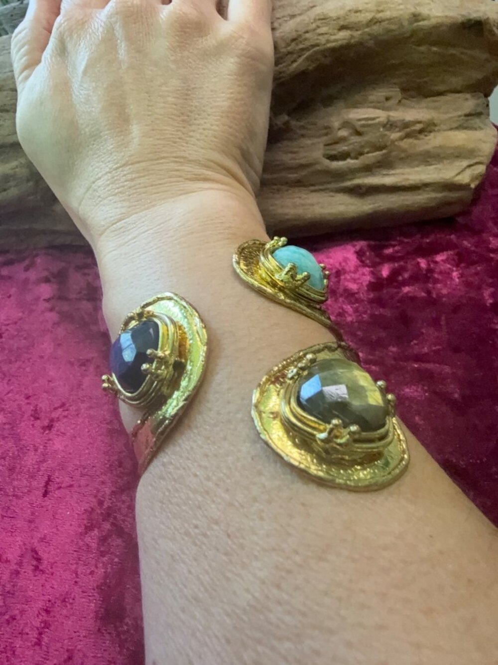 Handcrafted Artisan Gold Arm Cuff  Faux Stone Accents For Upper Arm Or Wrist